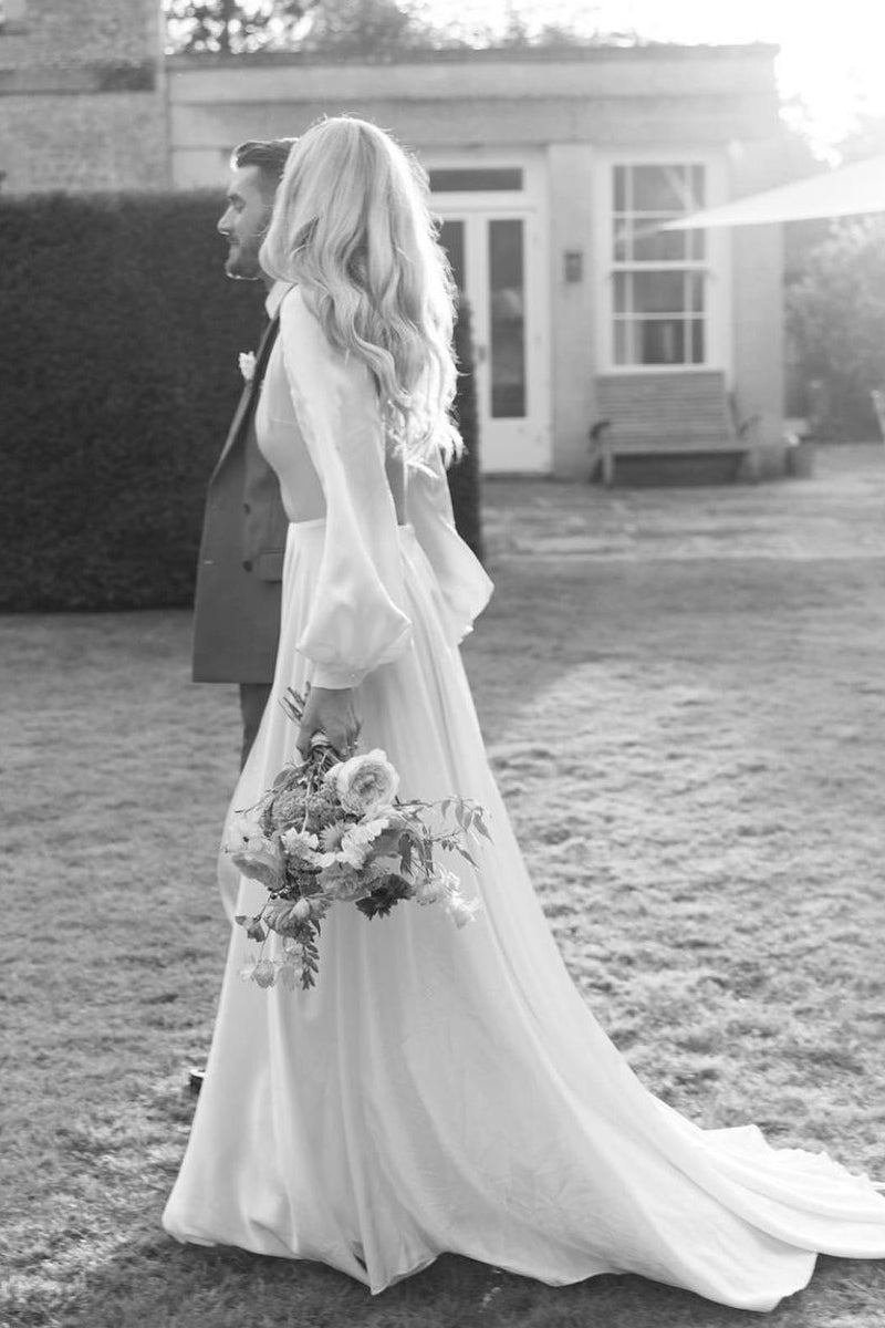 A-Line Long Sleeves Satin Wedding Dresses with V Neck A-Line Long Sleeves Satin Wedding Dresses with V Neck