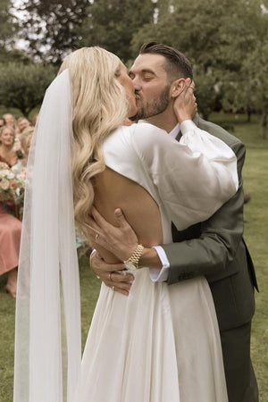 A-Line Long Sleeves Satin Wedding Dresses with V Neck