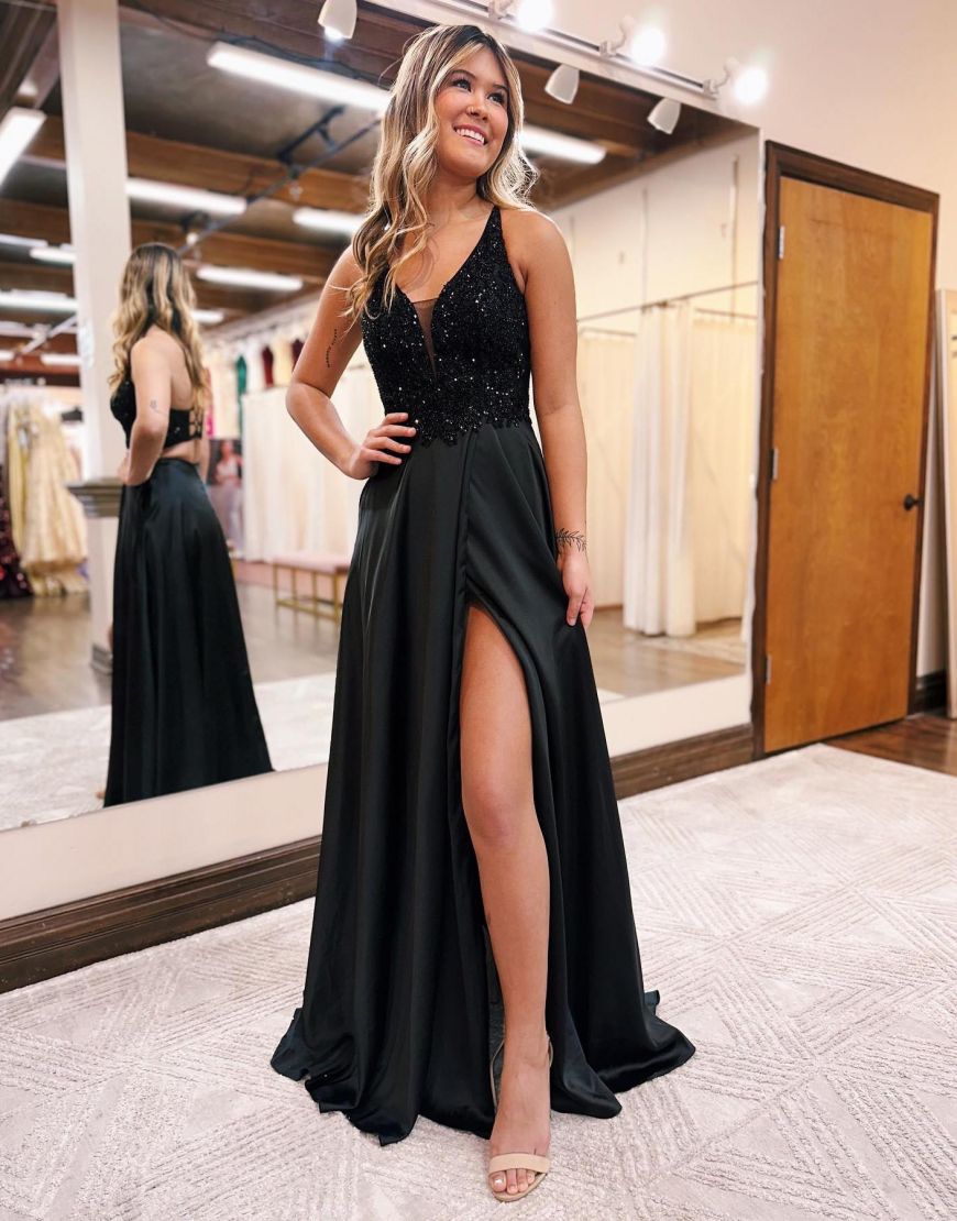 Colette | Black A-Line V-Neck Satin Prom Dress with Slit