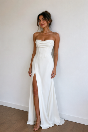 A-Line Strapless White Satin Wedding Dresses with Slit

