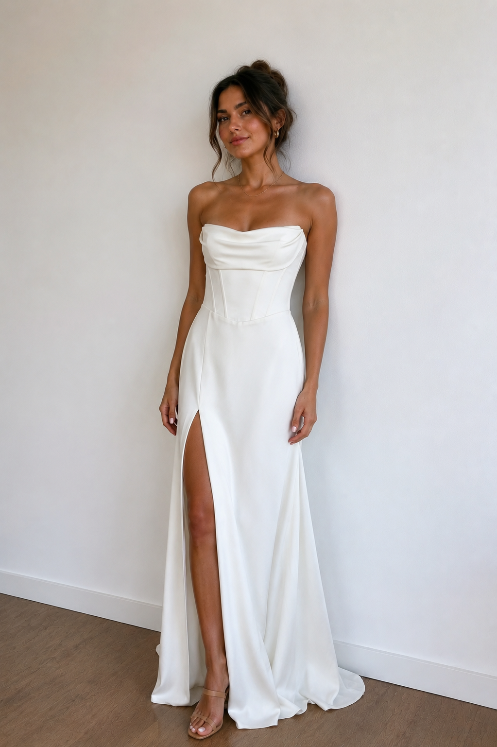 KissProm Sheath Strapless White Satin Wedding Dresses with Slit, Diamond White / 28