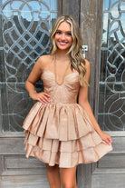 Fioone | Champagne - Halter A-Line Ruffle Tiered Satin Homecoming Dresses