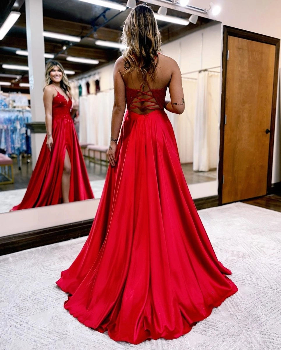 open back spaghetti strap prom dress Black Satin Sheath Spaghetti Straps Long Prom Dresses With Side Slit, MP859
