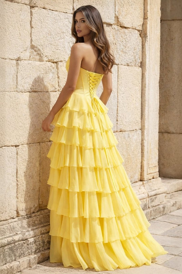 yellow dress formal Strapless A-Line Ruffle Long Prom Dress With Split, Yellow / 8