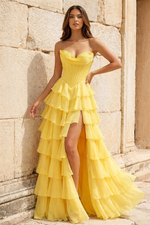 Strapless A - Line Ruffle Long Prom Dress With Split - KissProm