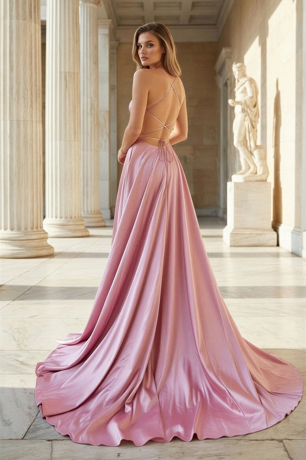 Valeria | Pink V Neck Satin Backless A Line Prom Dress With Pockets - KissProm