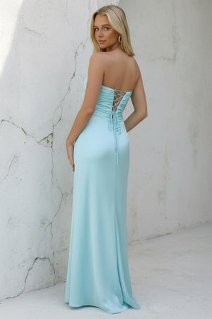 Tinble | Strapless Aqua Blue Sheath Long Prom Dresses - KissProm