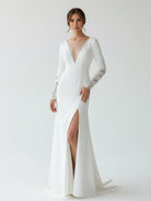 Hollynn | Casual V - neck mermaid Sweep Train Long Sleeve Wedding Dress With Slit - KissProm