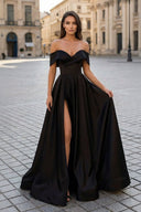 A-Line Prom Dresses Celebrity Style Dress Christmas Sleeveless Off The Shoulder Satin with Slit - KISSPROM PROM DRESSES