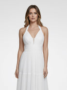 Bohemian Halter A Line Tulle Brush Train Wedding Dress with Ruching - KissProm