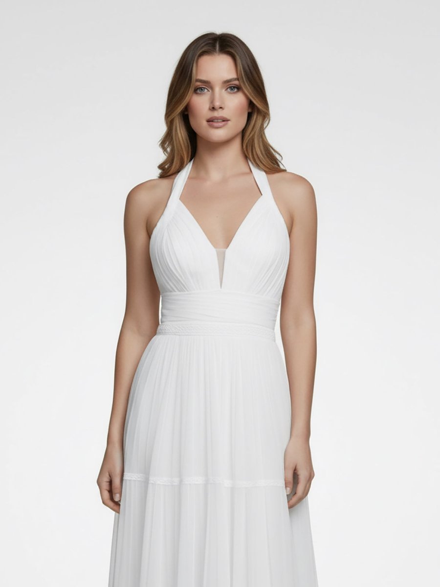 Bohemian Halter A Line Tulle Brush Train Wedding Dress with Ruching - KissProm