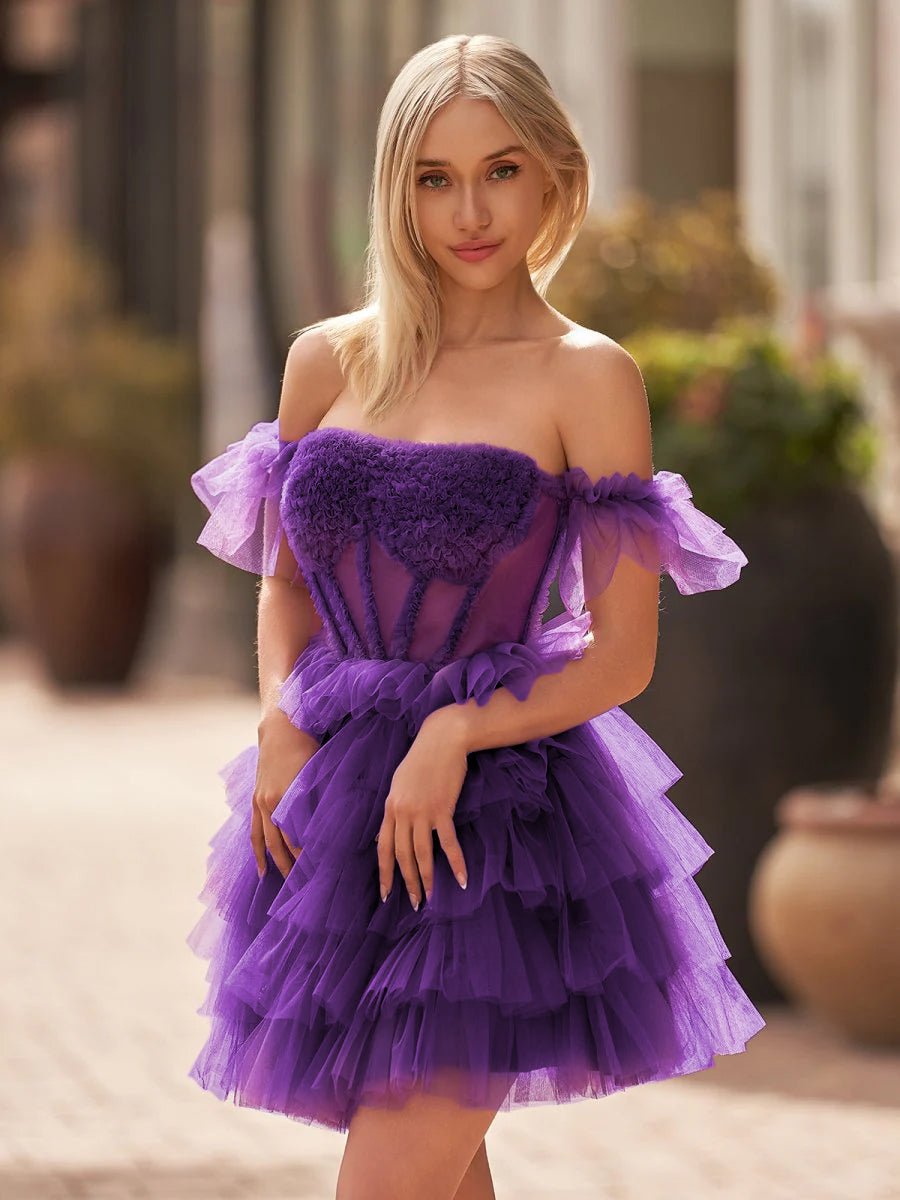 Claudine | A Line Purple Off-the-Shoulder Lace-Up Ruffle Tiered Homecoming Dress