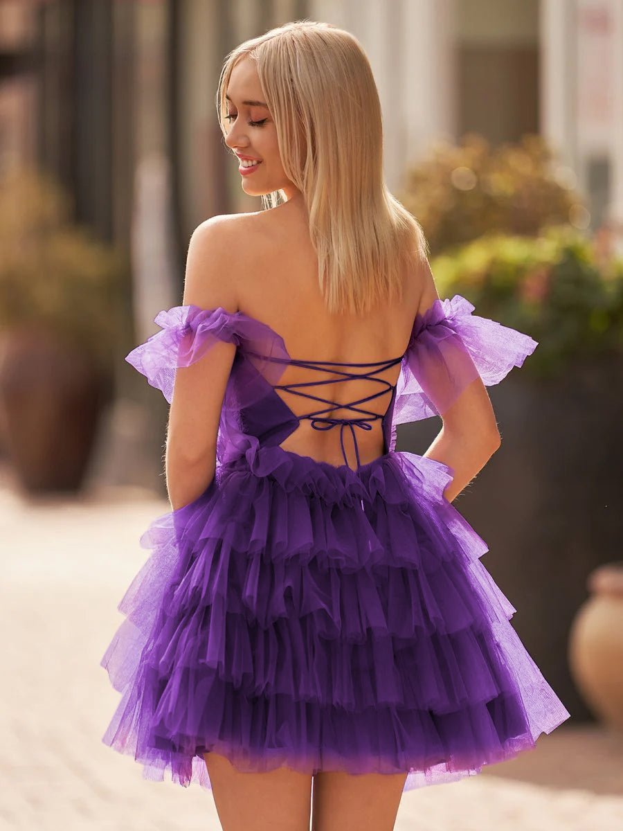 Claudine | A Line Purple Off-the-Shoulder Lace-Up Ruffle Tiered Homecoming Dress
