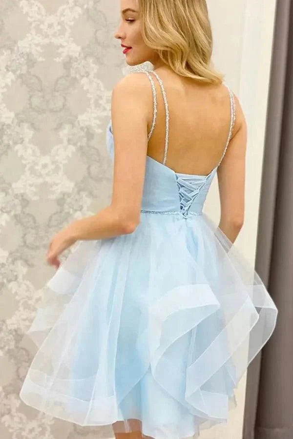 A-Line V Neck Light Blue Short Homecoming Dresses Sky Blue / 00