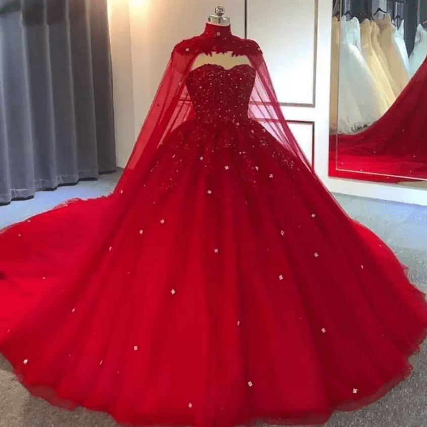 fitted lace wedding dress Royal Blue Tulle Ball Gown Prom Dress with Cape, Red / 6