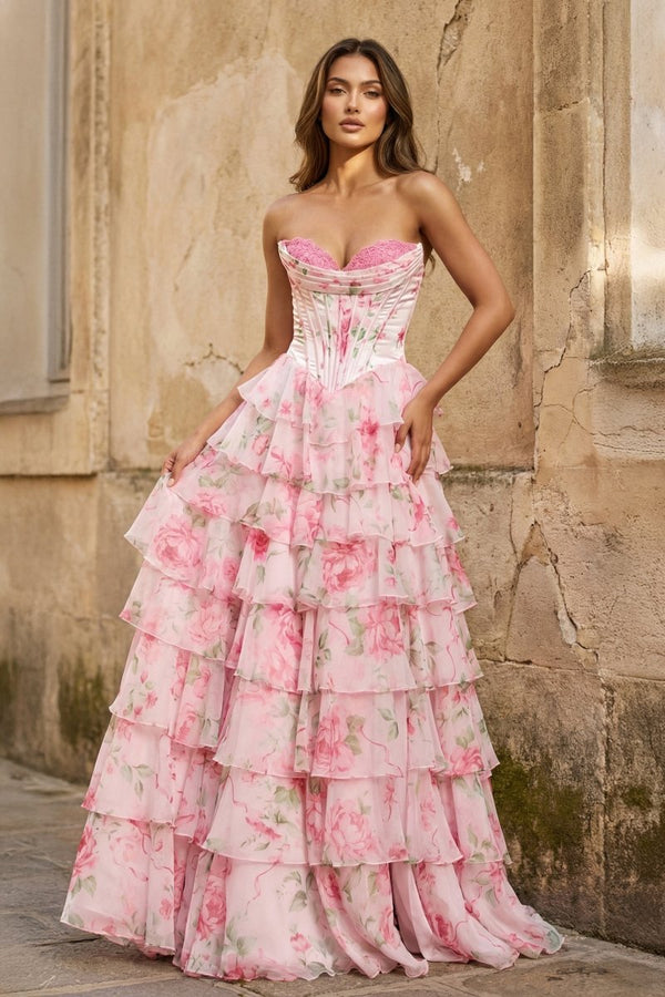 A Line Floral Blush Tiered Chiffon Long Corset Prom Dress with Slit - KissProm
