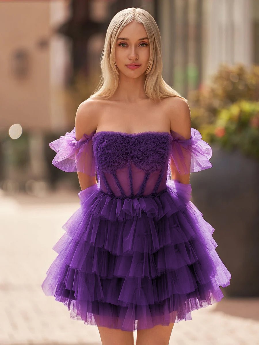Claudine | A Line Purple Off-the-Shoulder Lace-Up Ruffle Tiered Homecoming Dress