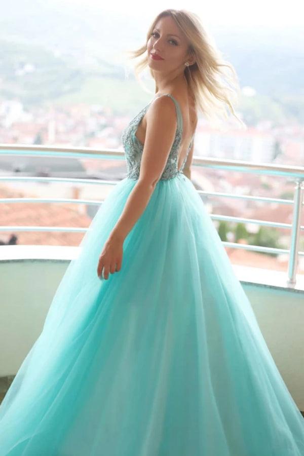 Alondra | A-line V neck Tulle Lace Long Prom Dress Evening Dress