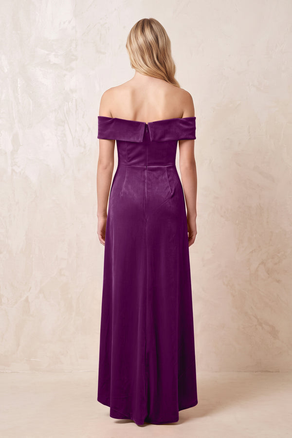 Amethyst Off-the-Shoulder Sheath Velvet Midi Bridesmaid Dress - KISSPROM