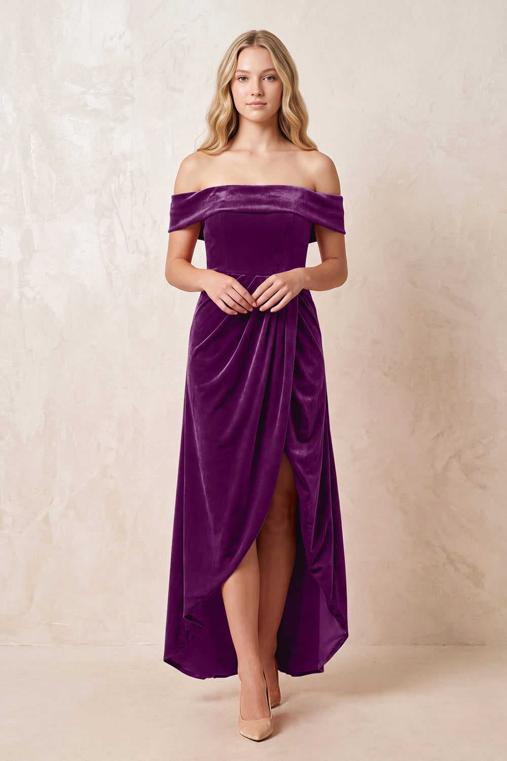 Amethyst Off-the-Shoulder Sheath Velvet Midi Bridesmaid Dress - KISSPROM