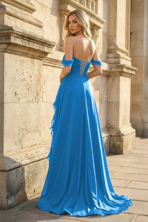 Azure Off The Shoulder A Line Chiffon Pleated Long Prom Dresses With Slit - KissProm