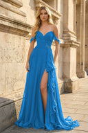 Azure Off The Shoulder A Line Chiffon Pleated Long Prom Dresses With Slit - KissProm