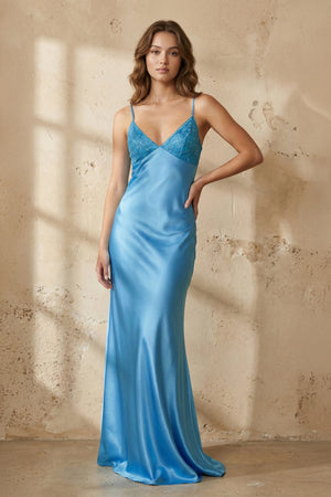 Kiss Prom-Blue Spaghetti Straps Sheath Satin Long Prom Dresses With Appliques