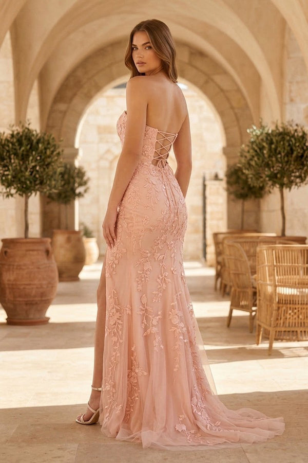 KissProm Mermaid Strapless Lace Long Prom Dress with Slit, Blush Pink / 18