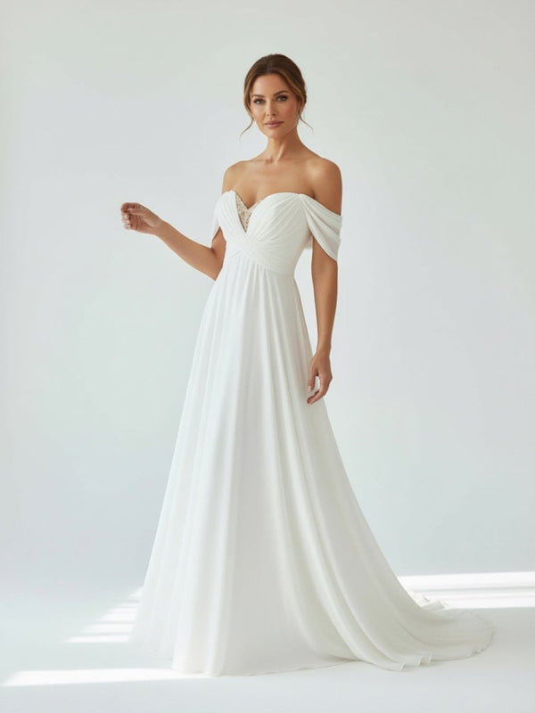 A - Line Chiffon Sleeveless Off - the - Shoulder Wedding Dress with Ruching Floor Length - KissProm