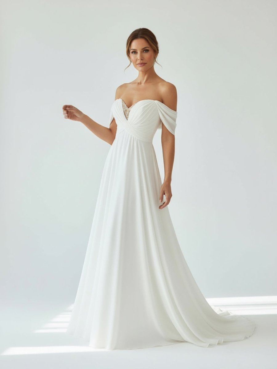 A - Line Chiffon Sleeveless Off - the - Shoulder Wedding Dress with Ruching Floor Length - KissProm