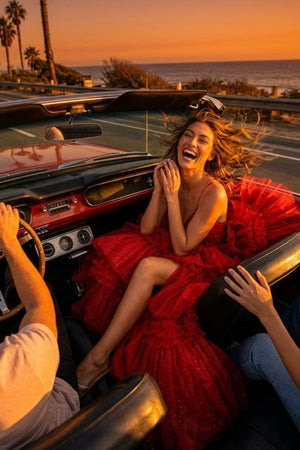 A - Line Spaghetti Straps Long Tiered Tulle Prom Dress With Split - KissProm