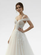 Elodika | A - Line Off - The - Shoulder Tulle Wedding Dresses With Appliques Lace - KissProm