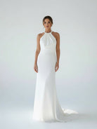 Sheath Satin Backless Halter Wedding Dress - KissProm