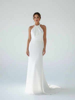Sheath Satin Backless Halter Wedding Dress - KissProm