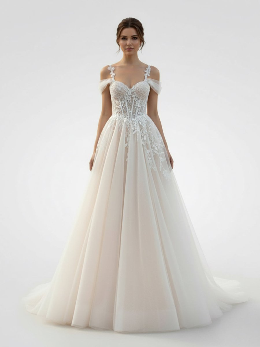 Elodika | A - Line Off - The - Shoulder Tulle Wedding Dresses With Appliques Lace - KissProm
