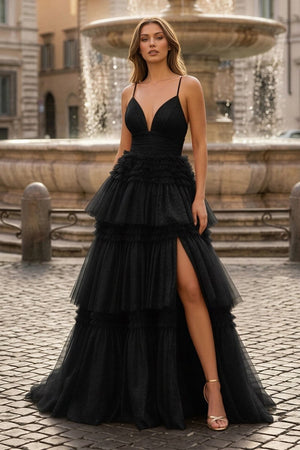 A - Line Spaghetti Straps Long Tiered Tulle Prom Dress With Split - KissProm