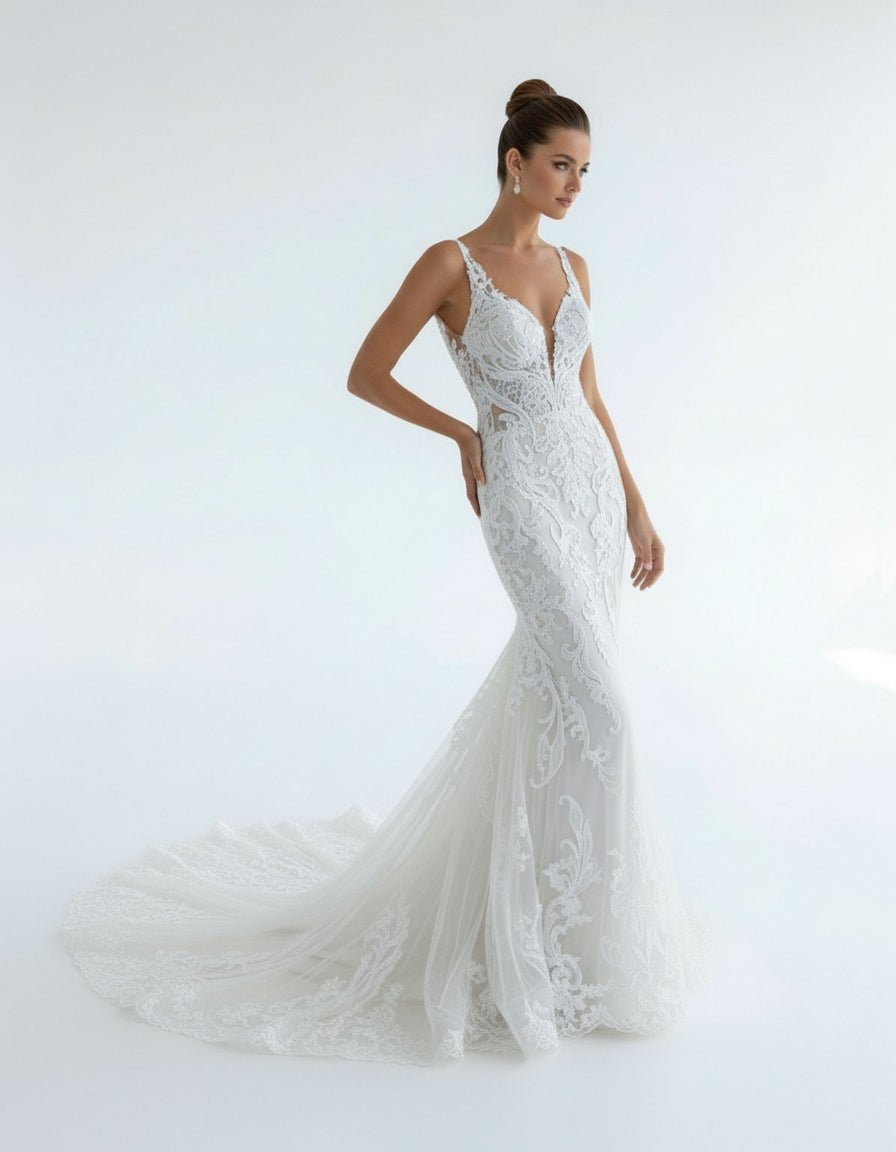 Mermaid V Neck Tulle Lace Wedding Dresses with Train - KissProm