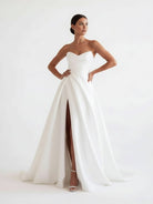 Janalee | A - Line White Sleeveless Satin Wedding Dress With Side Slit - KissProm