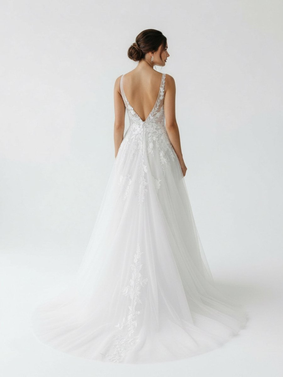 Malaya | A-Line V Back Long White Wedding Dress with Lace Appliqued