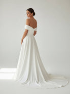 A - Line Chiffon Sleeveless Off - the - Shoulder Wedding Dress with Ruching Floor Length - KissProm