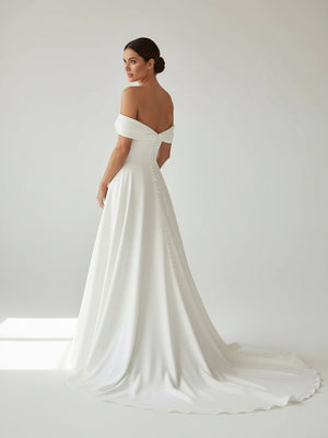 A - Line Chiffon Sleeveless Off - the - Shoulder Wedding Dress with Ruching Floor Length - KissProm