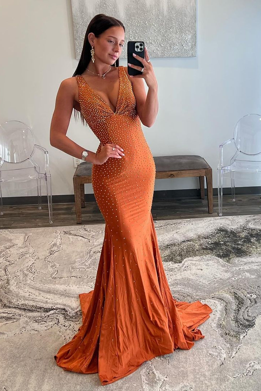 Molly |Mermaid Deep V-Neck Beaded Satin Long Prom Dress