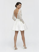 Simple A Line Short Knee - length Satin Lace Bateau Long Sleeve Wedding Dress - KissProm