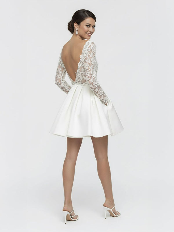 Simple A Line Short Knee - length Satin Lace Bateau Long Sleeve Wedding Dress - KissProm