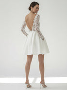 Simple A Line Short Knee - length Satin Lace Bateau Long Sleeve Wedding Dress - KissProm