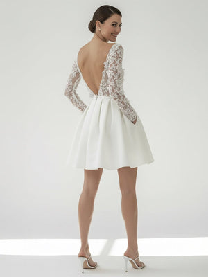 Simple A Line Short Knee - length Satin Lace Bateau Long Sleeve Wedding Dress - KissProm