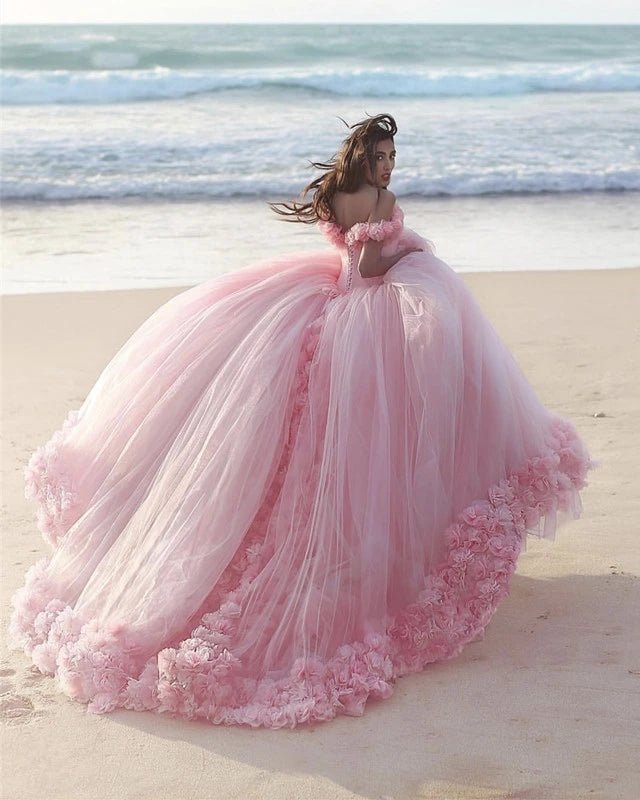 Dodde | Off Shoulder Flowers Tulle Ball Gown Pink Quinceanera Dresses