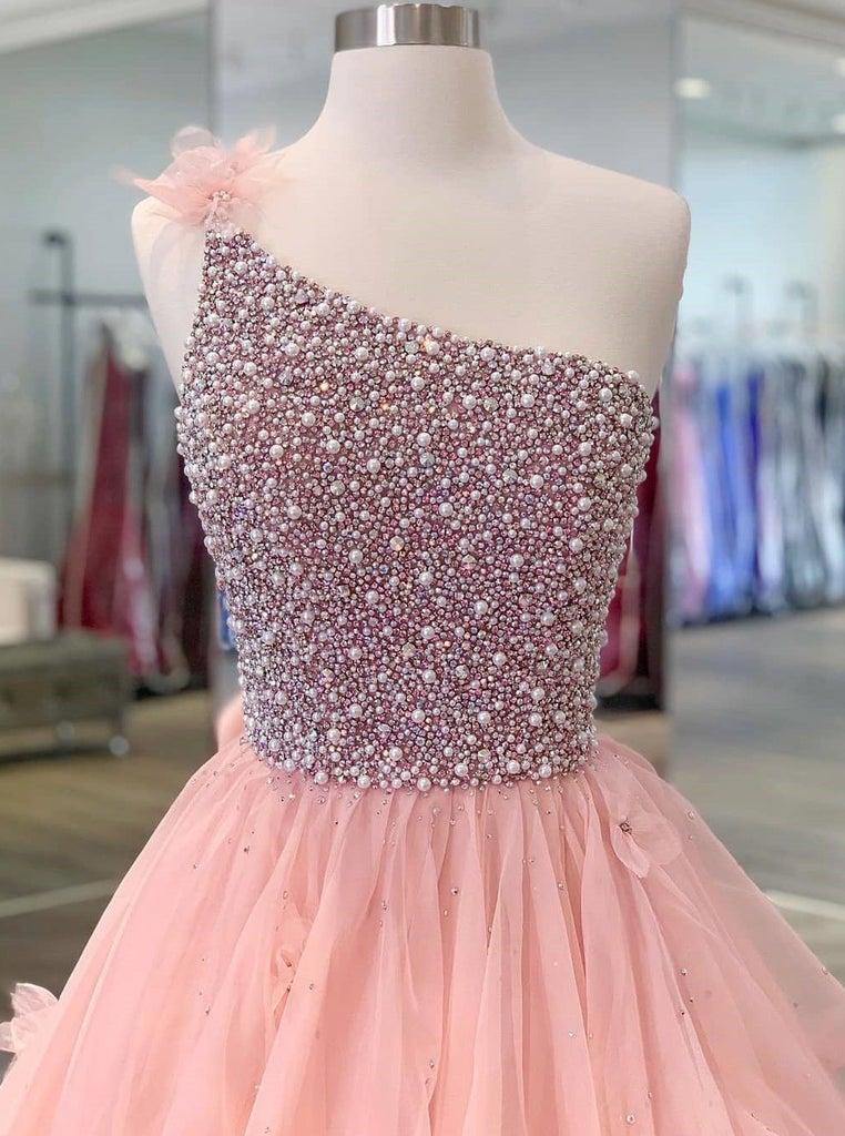 Quinceanera Dress Ball Gown Long Prom Dresses One Shoulder Zipper up Beads