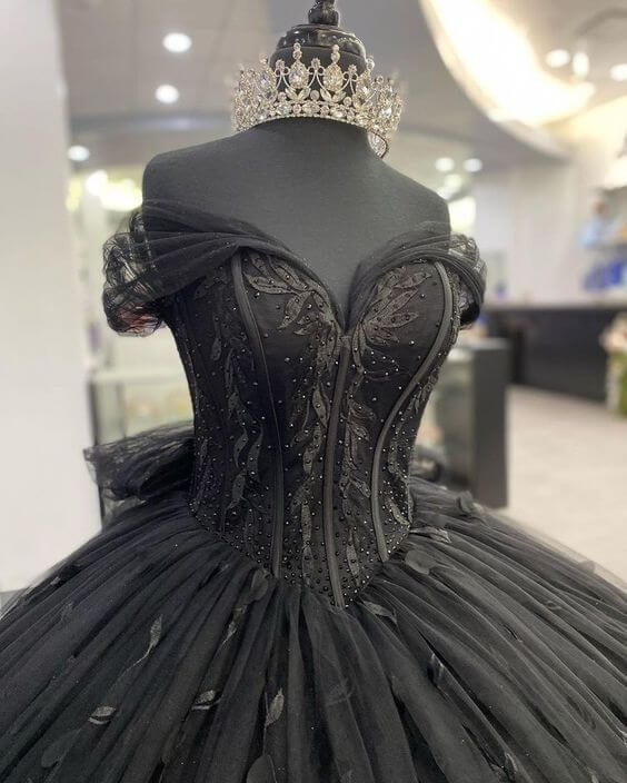KissProm Black Ball Gown Off The Shoulder Quinceanera Dresses With Bowknot, Black / 6