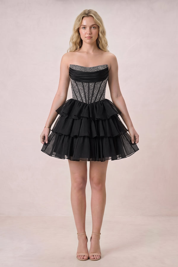 Amica | Black - Strapless A Line Chiffon Beaded Homecoming Dress With Ruffles